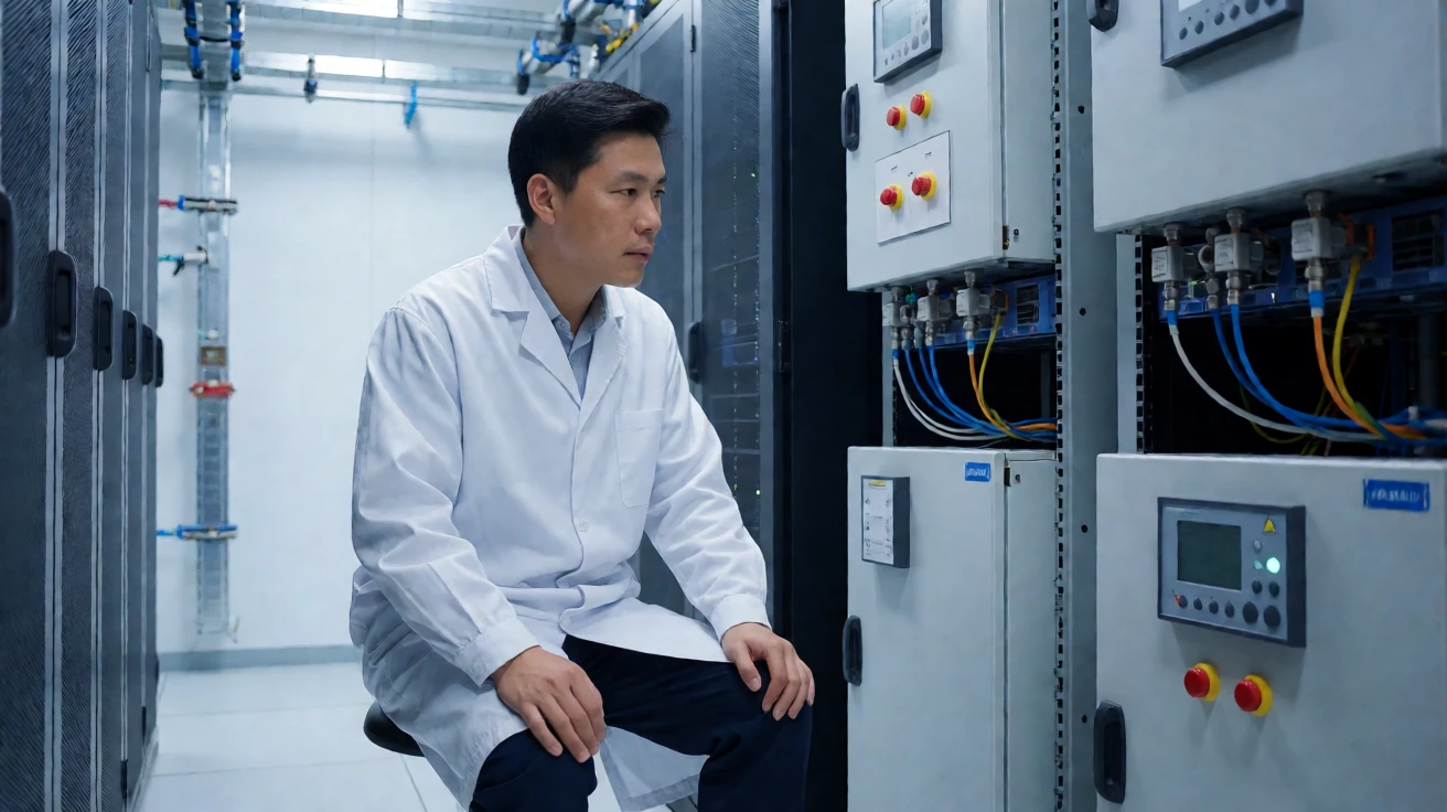 工程师在数据中心液冷机房检查冷却回路与监测设备